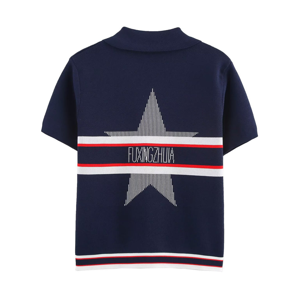 Women's Spring Women Clothing All Match Casual Embroidered Polo Shirt Collar Sweater