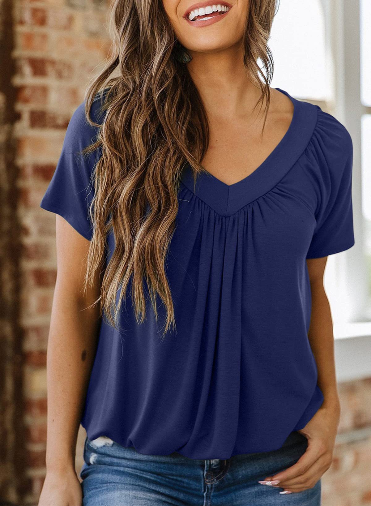 Women's V Neck Pleated Loose Short Sleeve Cotton T-Shirt