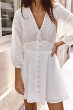 Women's V-Neck Embroidered Lace Ruched Mini Dress