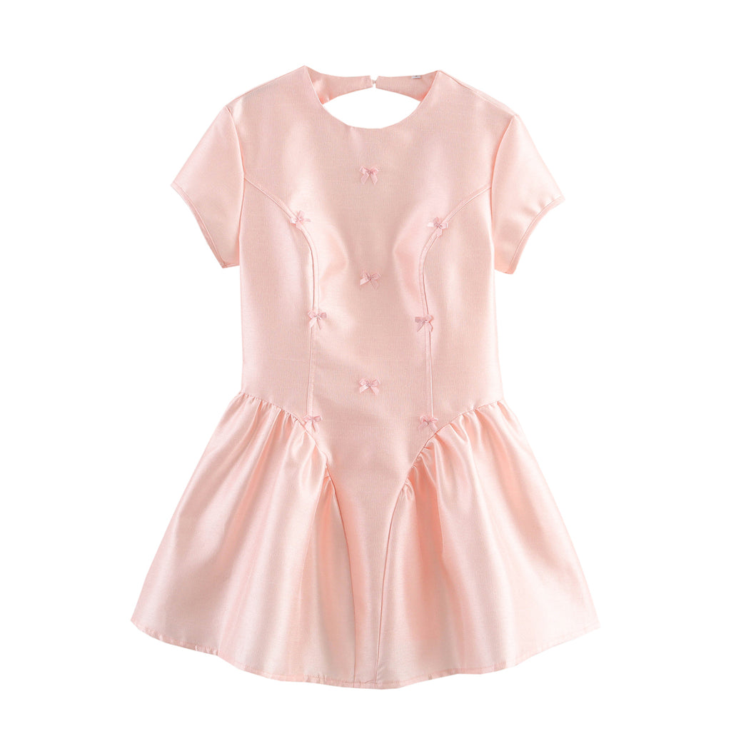 Women Clothing French Sexy Backless Slim Fit Short Sleeve Bowknot Decoration Tulle Tutu Dress