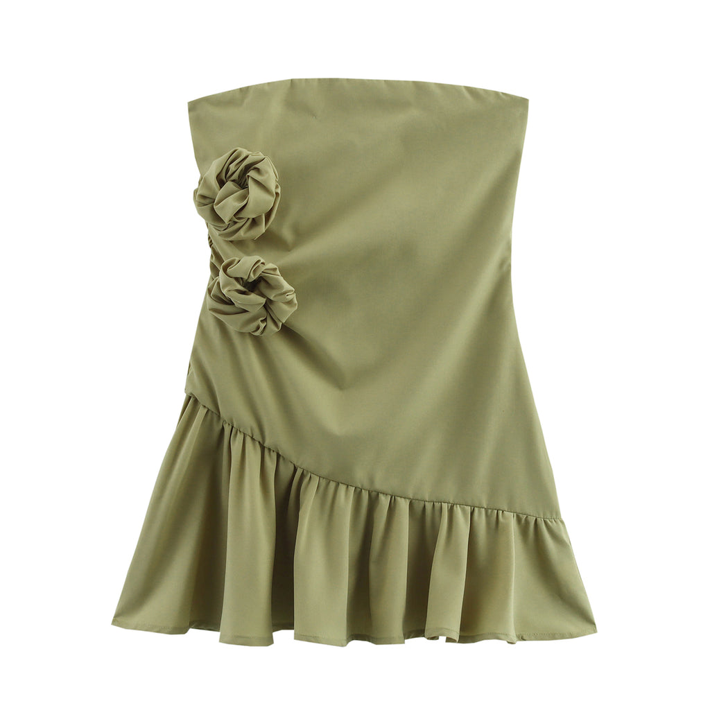 Simple Green Three Dimensional Floral Tube Top Dress