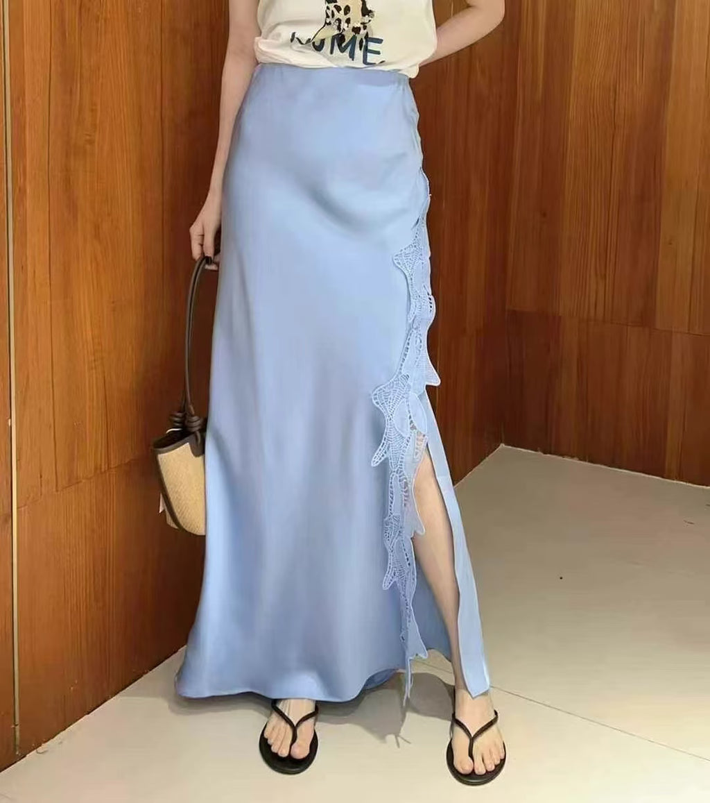 High Waist A Line Hip Wrapped Lace Satin Skirt