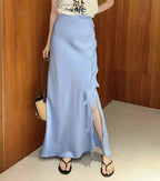 High Waist A Line Hip Wrapped Lace Satin Skirt