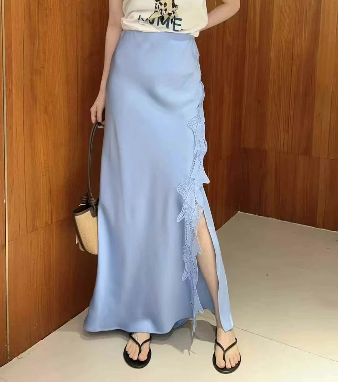 High Waist A Line Hip Wrapped Lace Satin Skirt