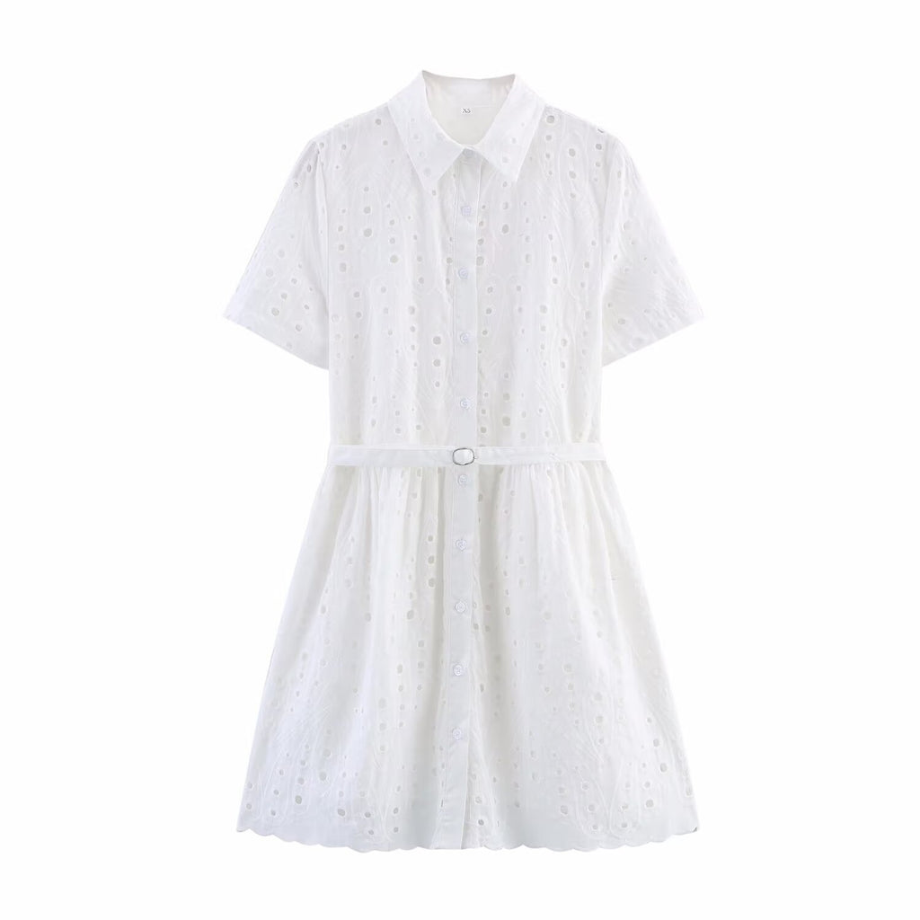 Women's Collared Embroidered Belted Lace Dress