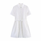 Women's Collared Embroidered Belted Lace Dress