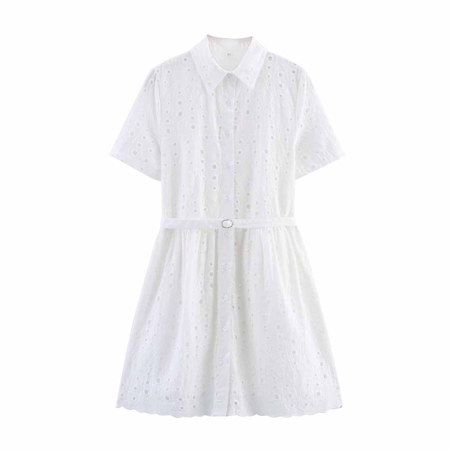 Women's Collared Embroidered Belted Lace Dress