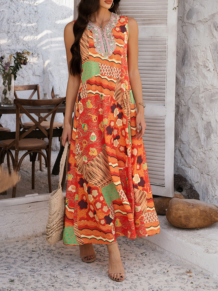 Women's Printed Sleeveless Vacation A Line Dress