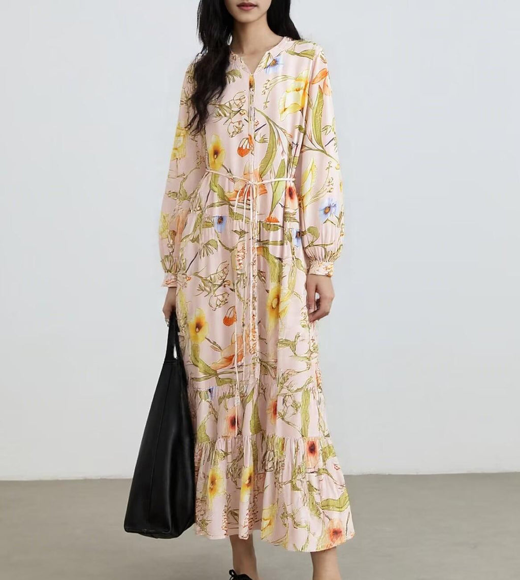 Water Printed Bohemian Casual Belt Dress