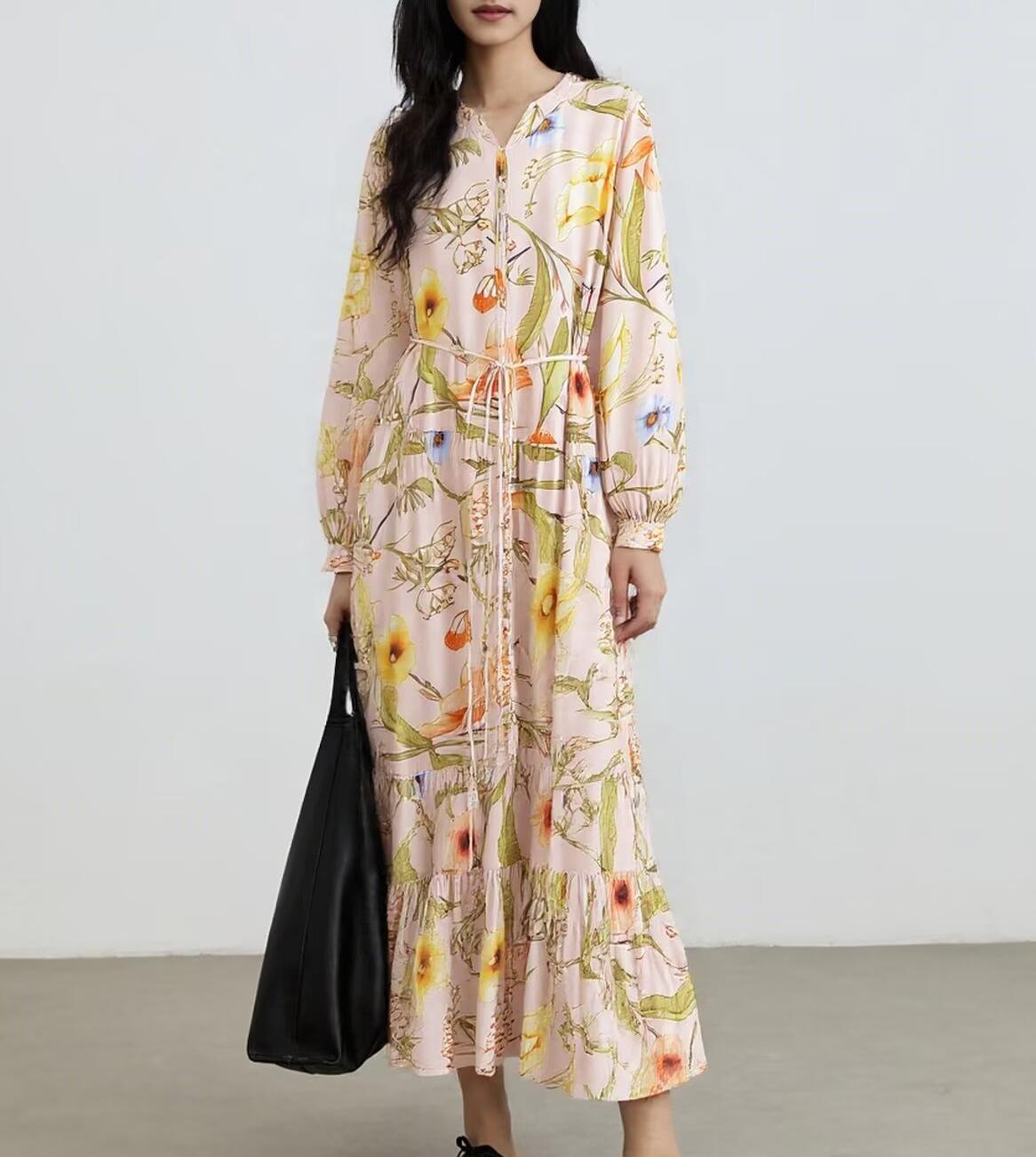 Water Printed Bohemian Casual Belt Dress
