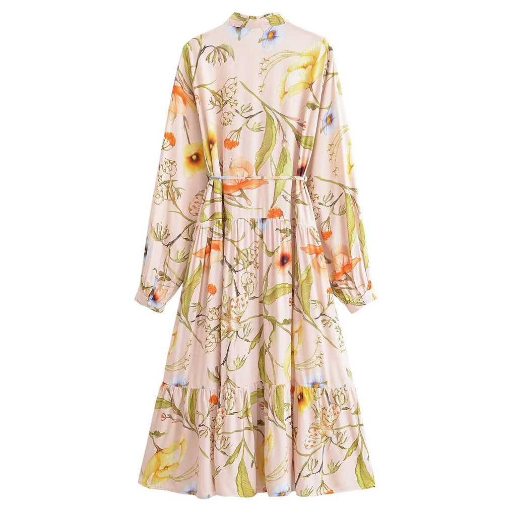 Water Printed Bohemian Casual Belt Dress