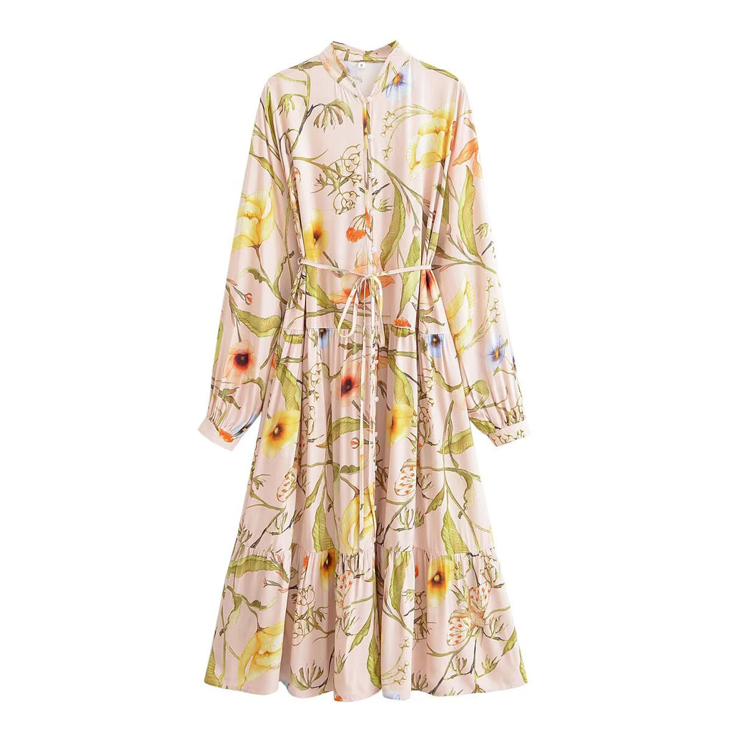 Water Printed Bohemian Casual Belt Dress