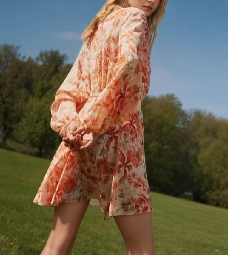 Water Print Waist Belt Beach Vacation Style Dress