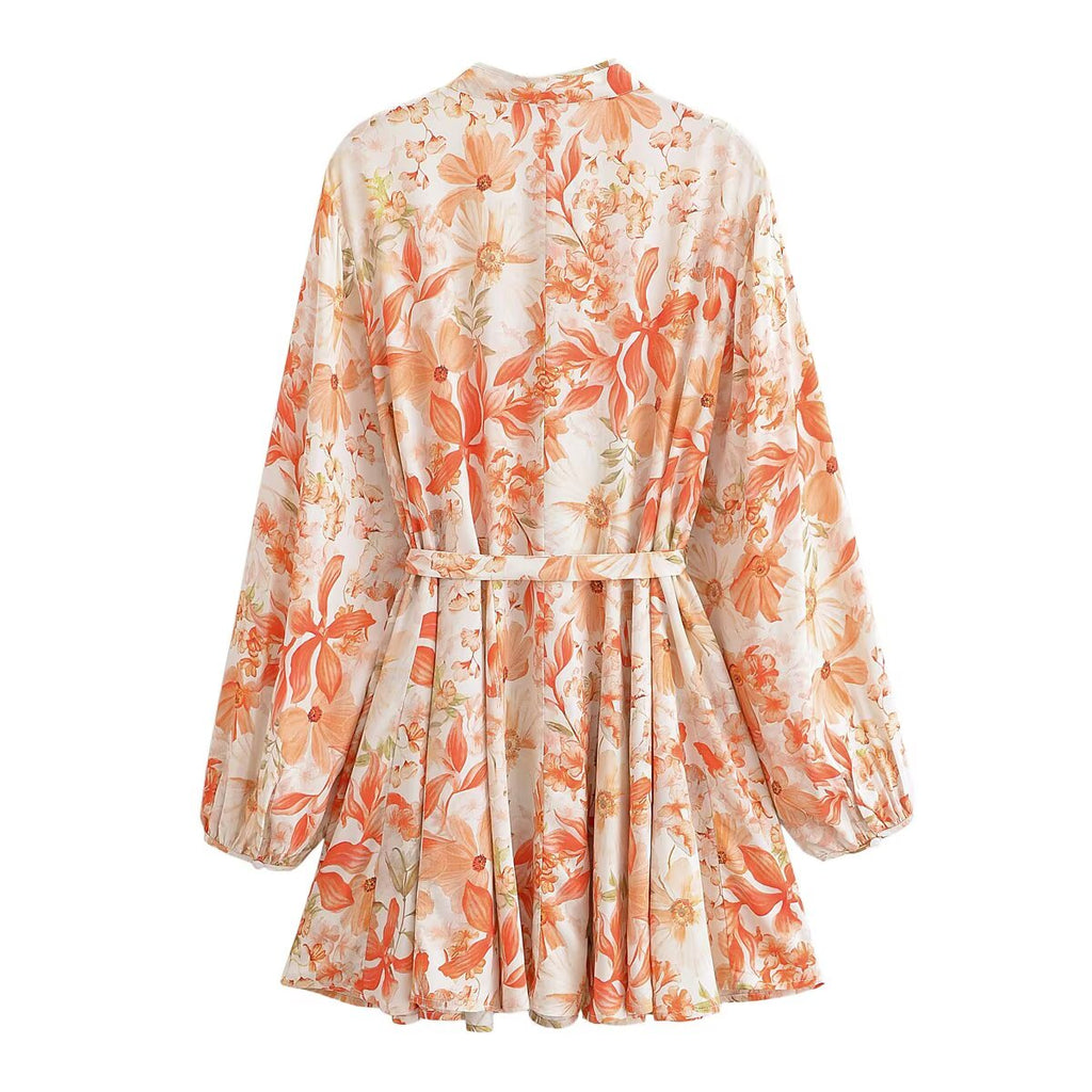 Water Print Waist Belt Beach Vacation Style Dress