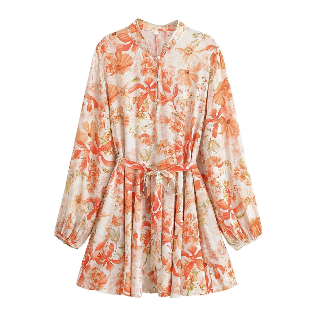 Water Print Waist Belt Beach Vacation Style Dress