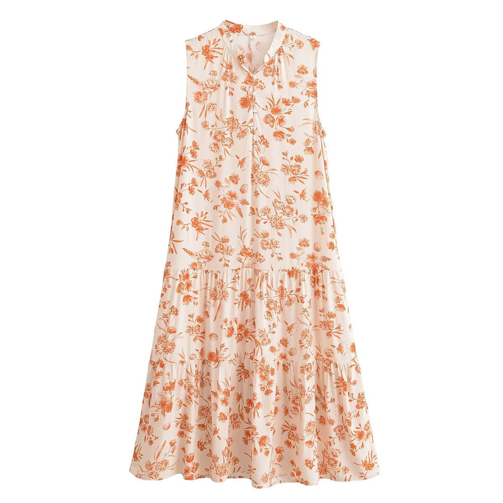 Cotton Water Print Bohemian Vacation Style Sleeveless Dress