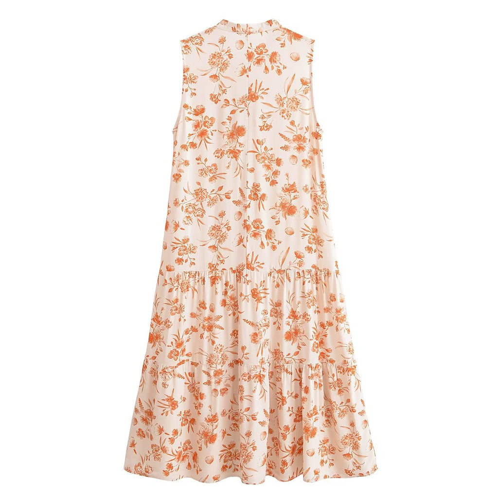 Cotton Water Print Bohemian Vacation Style Sleeveless Dress