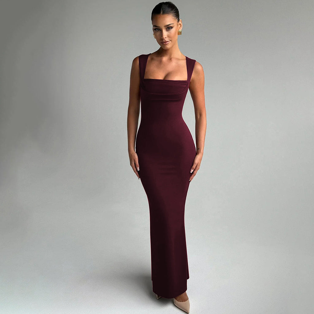 Women's Spring Summer Slim Fit Square Collar Sleeveless Waist Slimming Dress