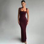 Women's Spring Summer Slim Fit Square Collar Sleeveless Waist Slimming Dress
