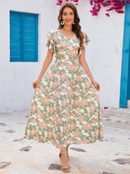 Floral-Print V-Neck Peplum Short-Sleeve Swing Dress