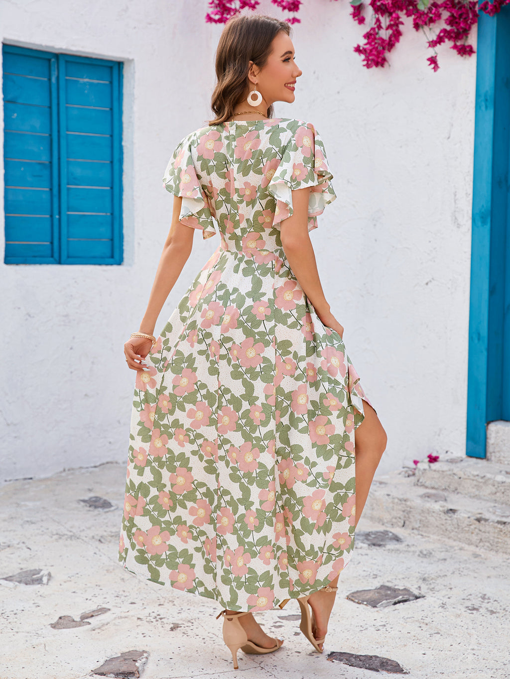Floral-Print V-Neck Peplum Short-Sleeve Swing Dress