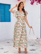 Floral-Print V-Neck Peplum Short-Sleeve Swing Dress