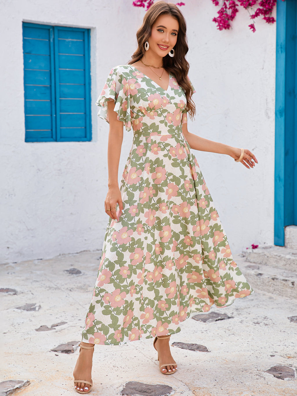 Floral-Print V-Neck Peplum Short-Sleeve Swing Dress