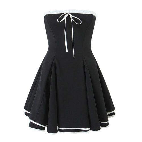 Off The Shoulder Collar Tube Top Short Women Spring Cute Lace up Contrast Color High Waist Tiered Dress