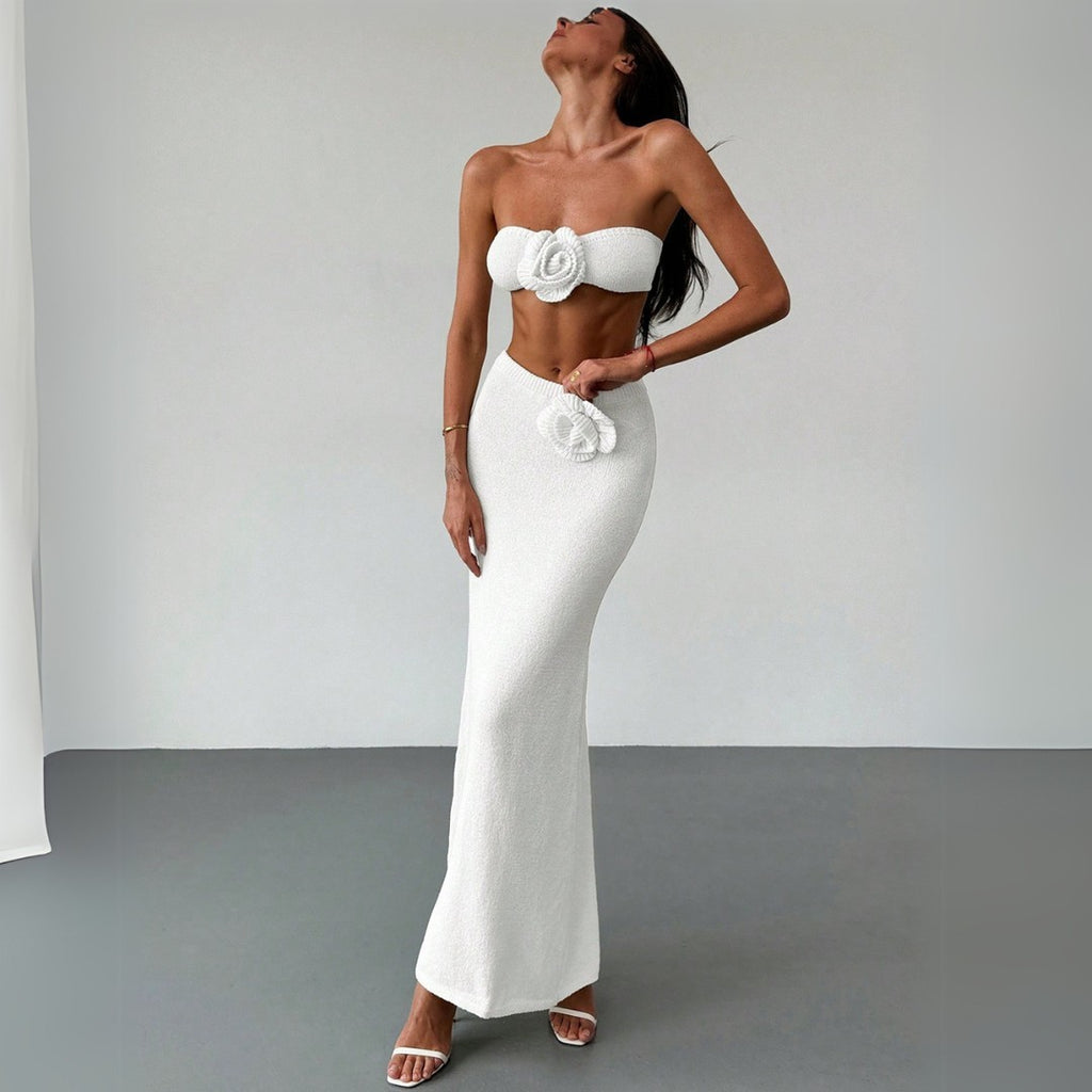 Women's Tube Knitted Hollow Out Top and Skirt Two-Piece Set