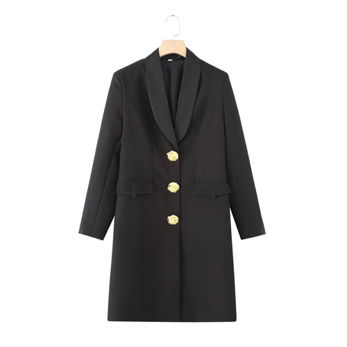 Spring Special Shaped Large Metal Buckle Long Dress Women Coat Dress