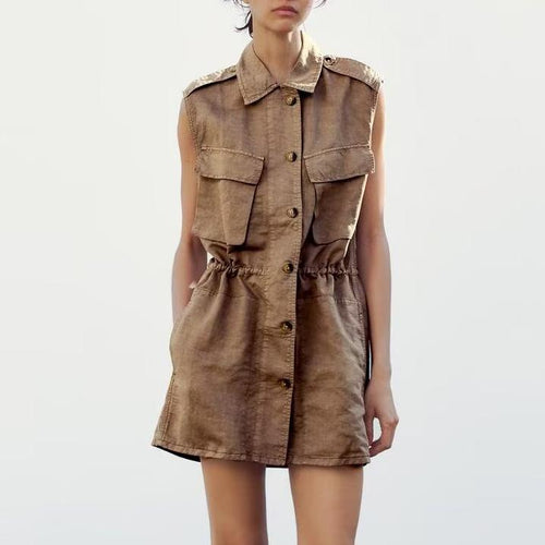 Spring Women Clothing Simple Pocket Decoration Short Dress