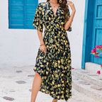 Women's Printed Bat Sleeve Deep V Waist Layered Dress Beach Vacation