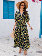 Women's Printed Bat Sleeve Deep V Waist Layered Dress Beach Vacation