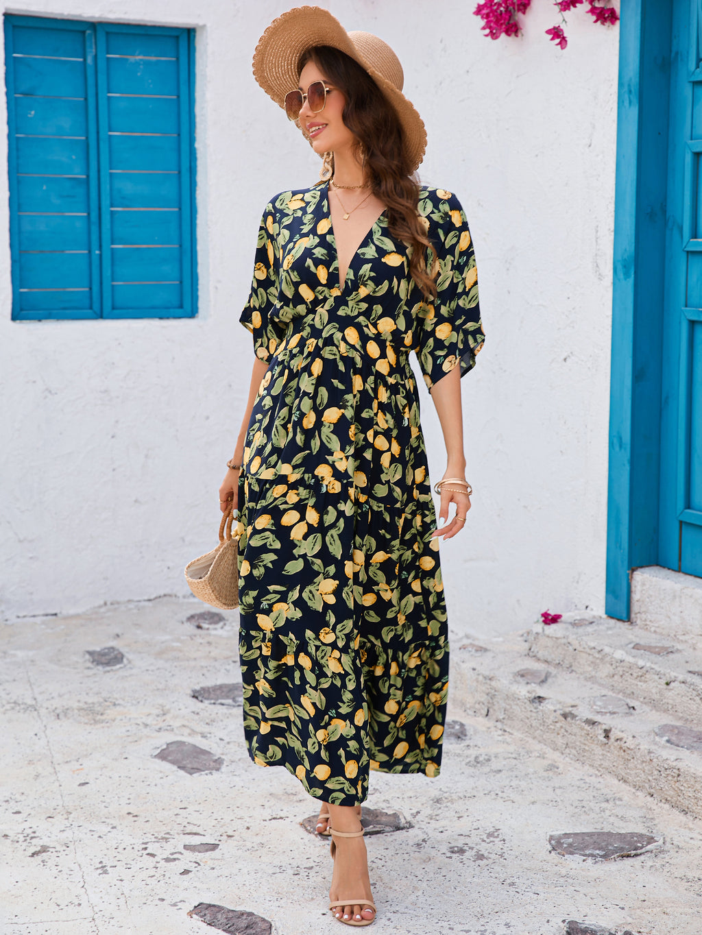 Women's Printed Bat Sleeve Deep V Waist Layered Dress Beach Vacation