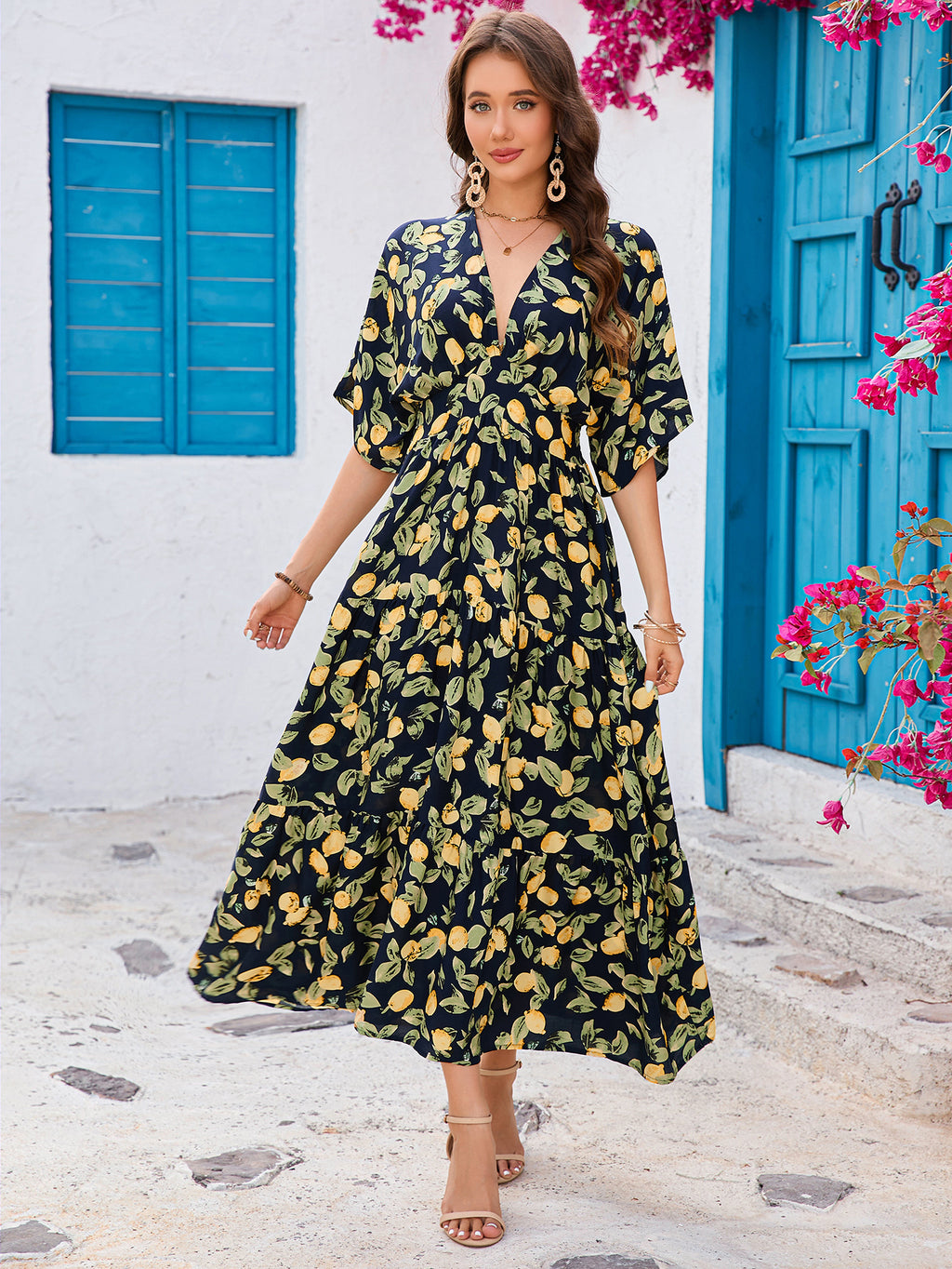Women's Printed Bat Sleeve Deep V Waist Layered Dress Beach Vacation