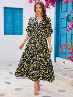 Women's Printed Bat Sleeve Deep V Waist Layered Dress Beach Vacation