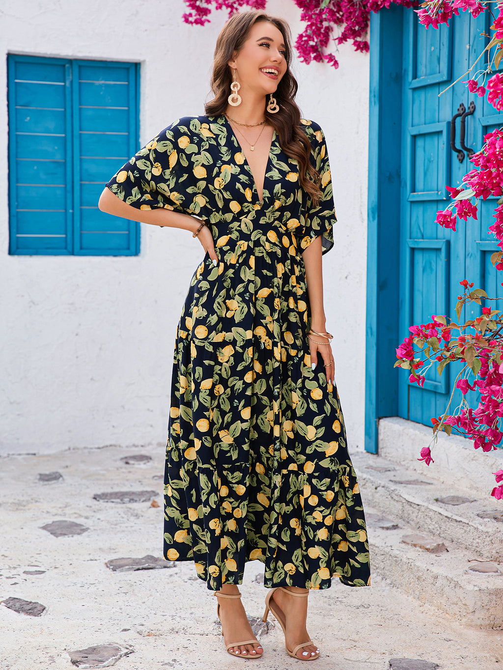 Women's Printed Bat Sleeve Deep V Waist Layered Dress Beach Vacation