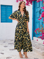 Women's Printed Bat Sleeve Deep V Waist Layered Dress Beach Vacation