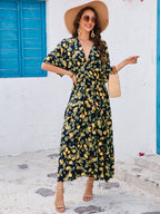 Women's Printed Bat Sleeve Deep V Waist Layered Dress Beach Vacation