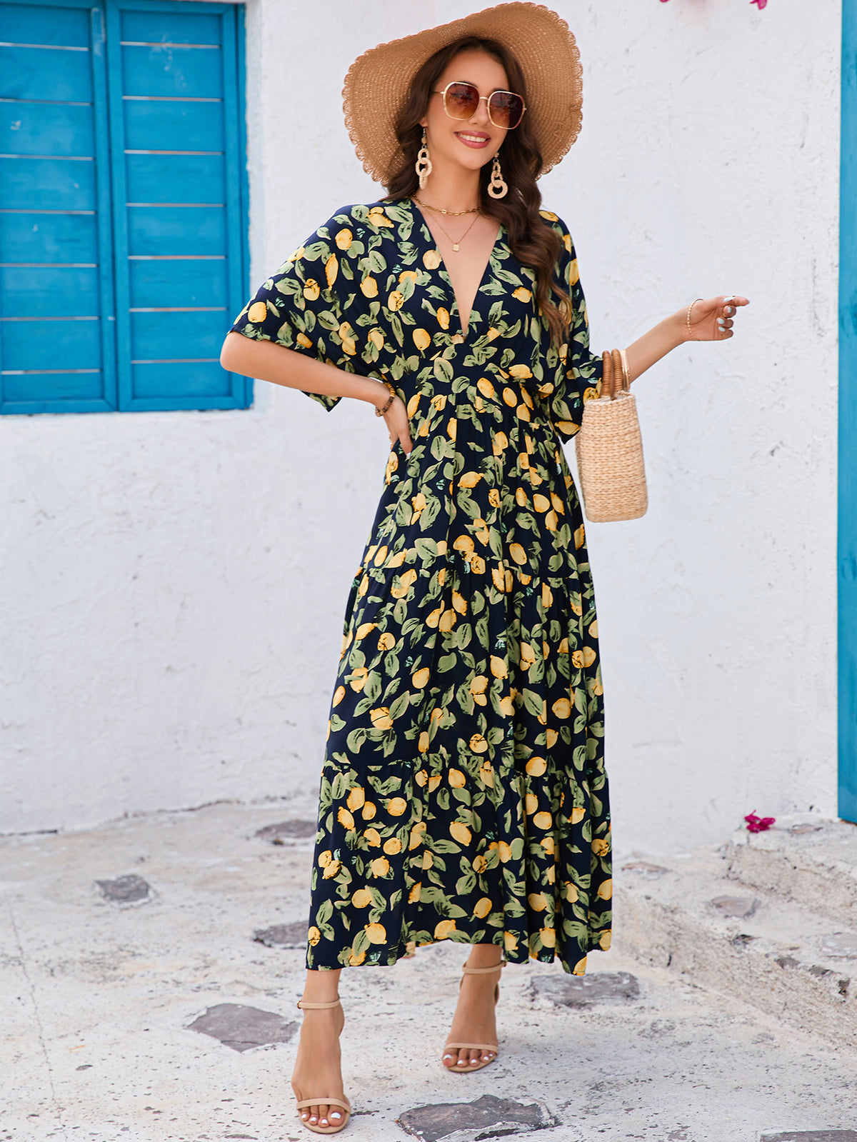 Women's Printed Bat Sleeve Deep V Waist Layered Dress Beach Vacation