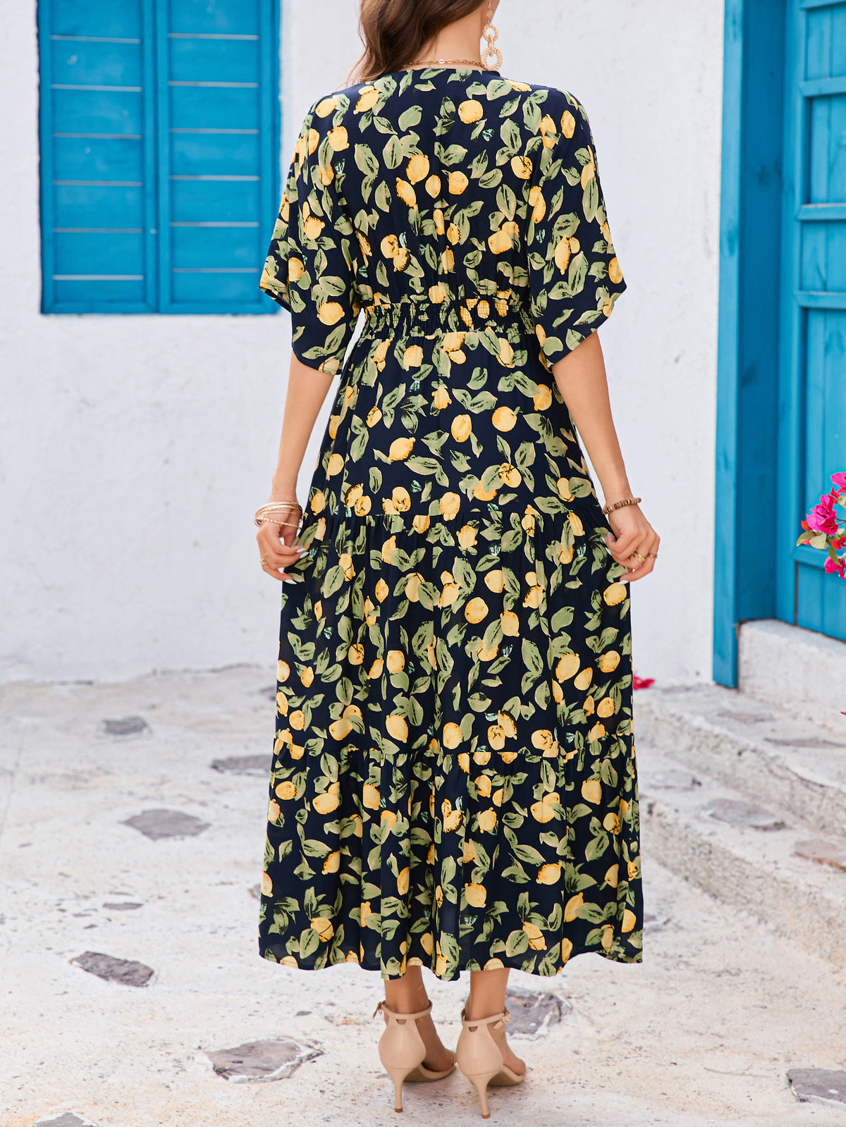 Women's Printed Bat Sleeve Deep V Waist Layered Dress Beach Vacation