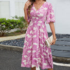 Printed V-Neck Short Sleeved Waist Bohemian Vacation Party Dress