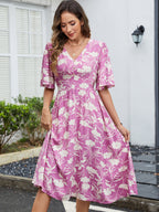 Printed V-Neck Short Sleeved Waist Bohemian Vacation Party Dress