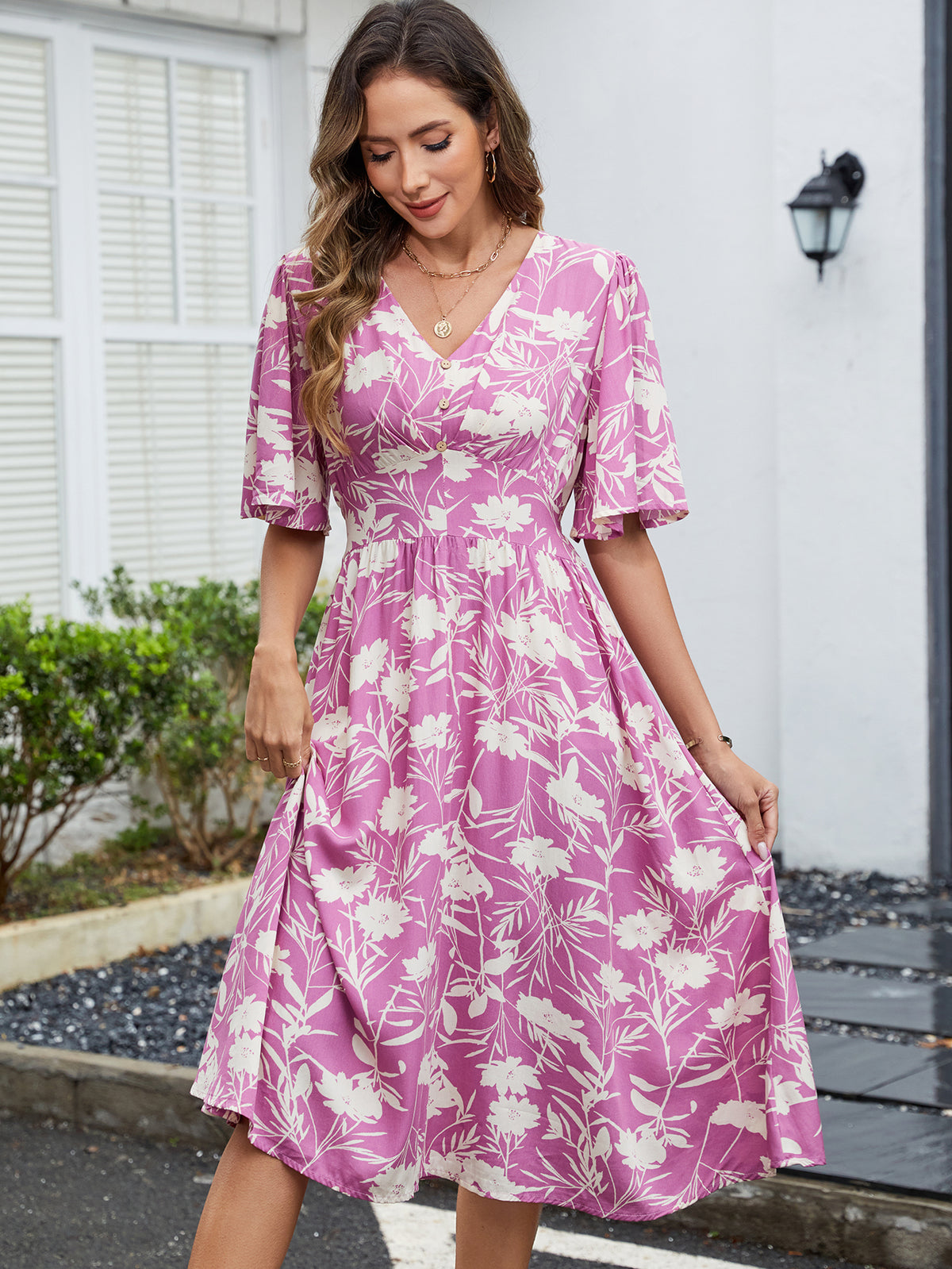 Printed V-Neck Short Sleeved Waist Bohemian Vacation Party Dress