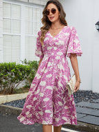 Printed V-Neck Short Sleeved Waist Bohemian Vacation Party Dress