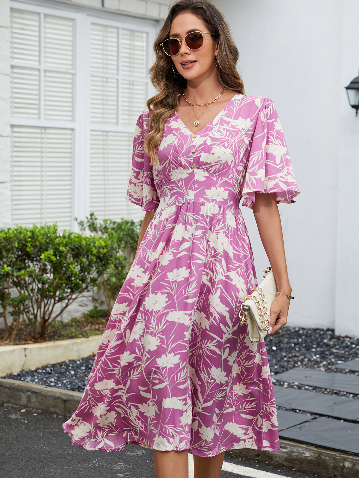 Printed V-Neck Short Sleeved Waist Bohemian Vacation Party Dress