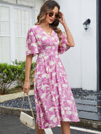 Printed V-Neck Short Sleeved Waist Bohemian Vacation Party Dress