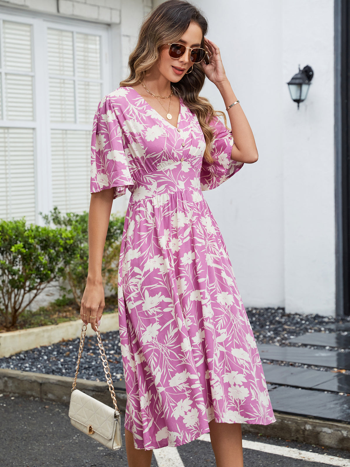 Printed V-Neck Short Sleeved Waist Bohemian Vacation Party Dress