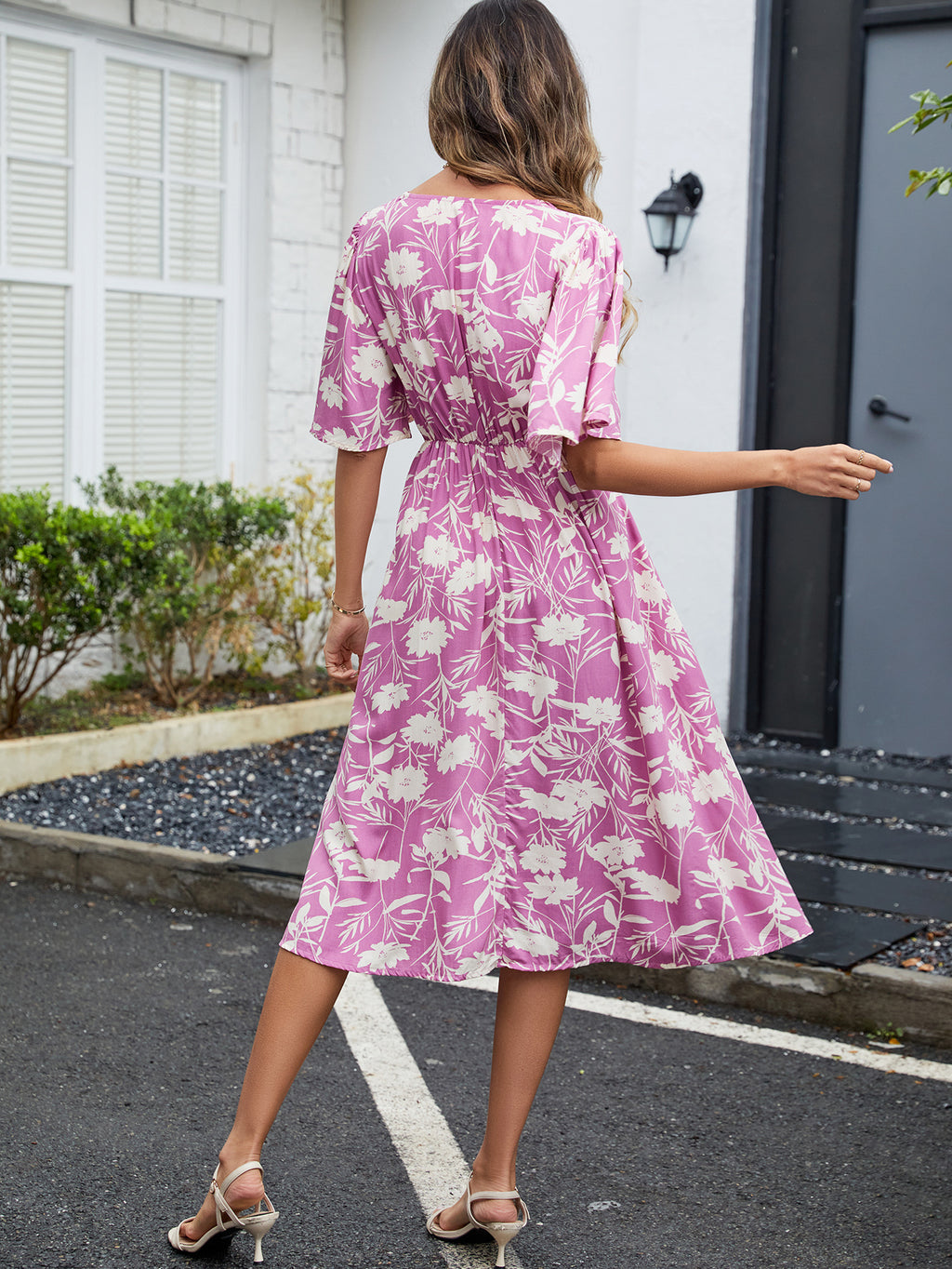 Printed V-Neck Short Sleeved Waist Bohemian Vacation Party Dress