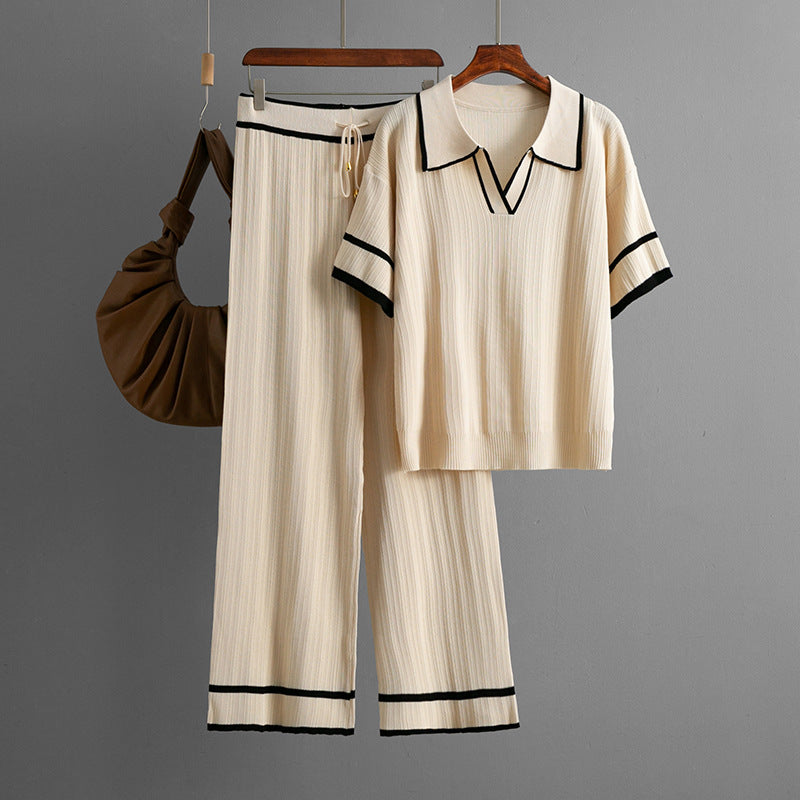 Summer Polo Collar Short-Sleeve Casual Loose High-Waisted Knit Two-Piece Set
